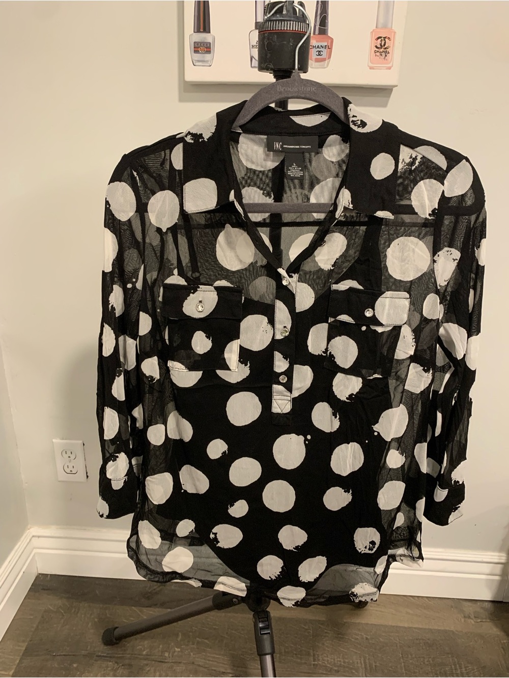INC Black Sheer Blouse with White Polka Dots -GB021